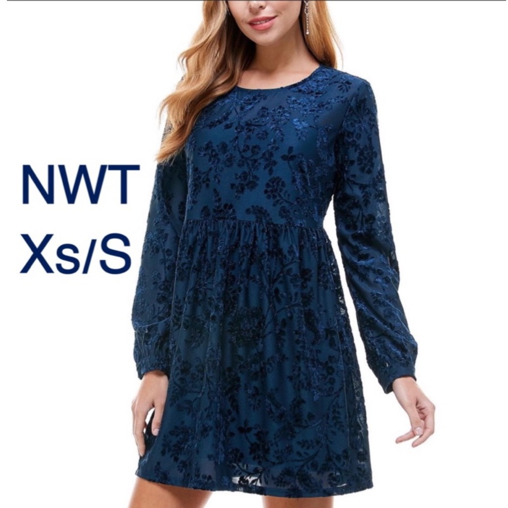 NWT (XS/S) Velvet appliqués floral sapphire dark teal babydoll party City Studio